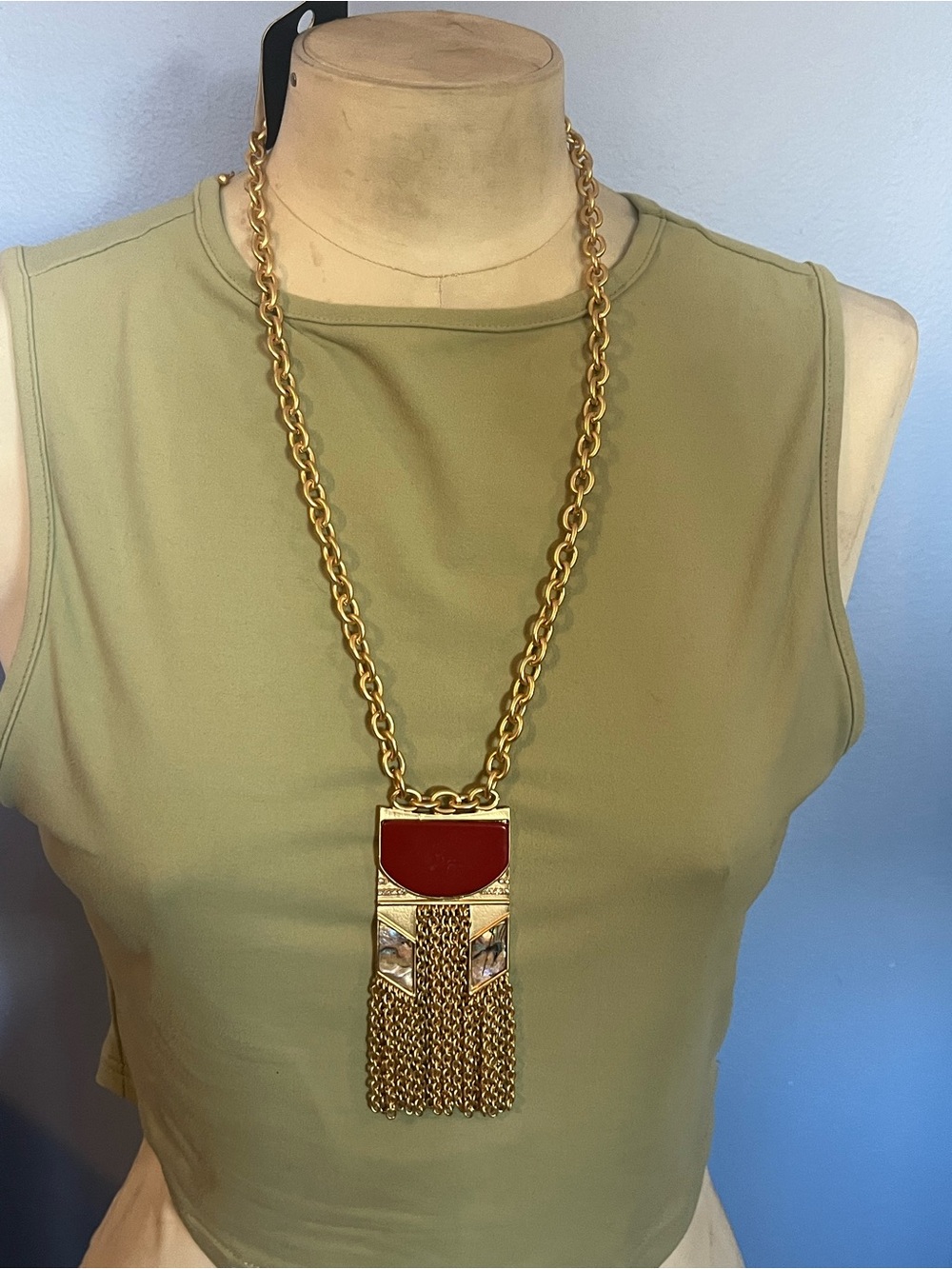 Jardin Gold-Tone Chain Necklace with Red Enamel Pendant and Tassel